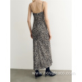 100% Viscose Satin Leopard V-neck Long Skirt